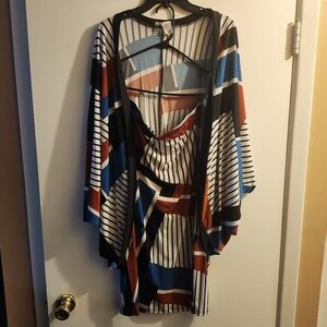Womens 2 Piece Geometric Striped Kimono Top & Skirt Sz 2x